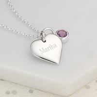 Engraved Heart & Birthstone Necklace