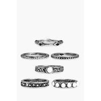 engraved stone detail rings 6 pack silver