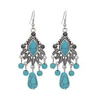 Ethnic Style Silver Water Drop Tassel Earrings Jewelry Vintage Turquoise Bohemia Carved Women Long Earring