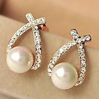 European Style Fashion Rhinestone Crossover Pearl Earrings