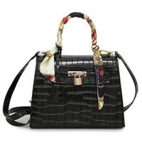 Europe Fashion Women PU Handbag Crocodile Pattern Ribbon Handle Lock Tote Shoulder Messenger Bag Black/Dark Green