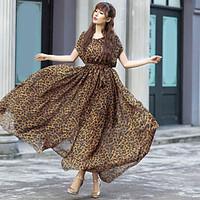 Europe and temperament Leopard chiffon long dress big swing length skirt large size women