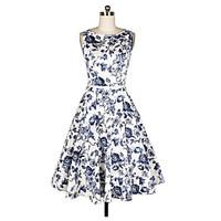 european and american retro print sleeveless dress round neck solid co ...