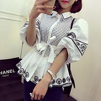 Europe station 2016 summer new Heavy embroidery lace waist lantern sleeve white shirt Wawa Shan