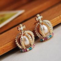 Euramerican Decoration The French Palace Noble Pearl Crown Cross Rhinestone Pearl Stud Earrings Lady Party Earrings Movie Jewelry