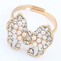 Euramerican Bohemia White Luxury Classic Rhinestone Bowknot Pearl Cuff Ring