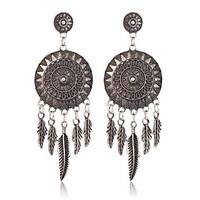 Europe Ancient Silver Dreamcatcher Earrings Vintage Metal Braided Hollow Long Earrings Flowers Exaggerated