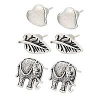 European 3pairs/set Elephant Leaf Heart Shape Earrrings Stud Earrings for Women Fashion Jewelry Best Gift