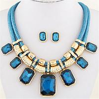European Style Fashion Trend Simple Square Metal Gemstone Necklace Earring Sets