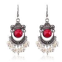 European Style retro resin gem pearl Antique Silver Earrings