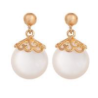 European Fashion Jewelry Elegant 18K Gold Plated White Round Opal Dangle Earrings Charm Carved Hollow Drop Earring Women