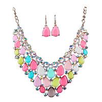 European And American Fashion Candy Colored Hollow Diamond Necklace Earrings Set