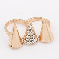 Euramerican Fashion Gold Women\'s Rhinestone Three Pyramidal Cuff Double Ring Movie Jewelry