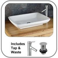 Evora 59.5cm x 45.5cm White Ceramic Rectangular Countertop Sink With Tap and Waste