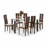 everton glass dining table in clear and walnut with 6 chairs