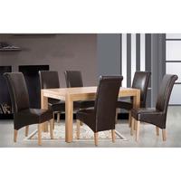 evelyn oak dining table with 6 brown dining chairs