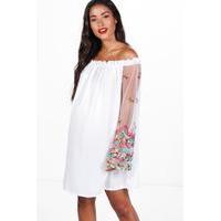 eva embroidered off the shoulder dress white