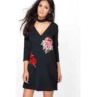 Evie Embroidered Choker Shift Dress - black