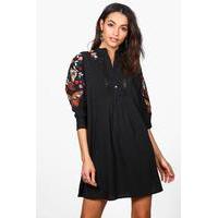 Eve Embroidered Batwing Shirt Dress - black