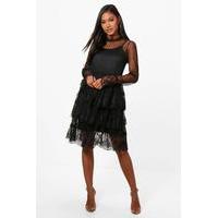 Eve Polka Dot Mesh & Lace Tierred Dress - black