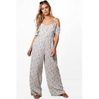 Eve Drape Sleeve Floral Wide Leg Jumpsuit - cream