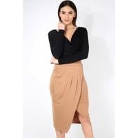 Evaline Wrap Cross Over Pleated Midi Skirt