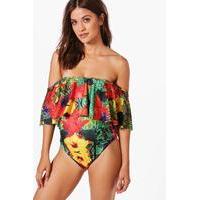 Eva Off The Shoulder Frill Tropical Swimsuit - multi