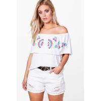 evie printed embroidery off the shoulder top white