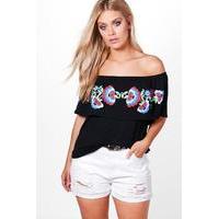 Evie Printed Embroidery Off The Shoulder Top - black