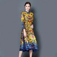 EWUS/Women\'s Going out Party/Cocktail Chinoiserie Loose DressGeometric Stand Midi Long Sleeve Polyester Blue Yellow All Seasons Mid Rise