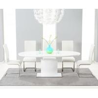 Ex-Display Santana 160cm White High Gloss Extending Pedestal Dining Table with 4 WHITE Malaga Chairs