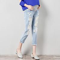 Expectant Mother\'s Pure Cotton And Comfortable Nine Points Loose Jeans Hold Abdominal Holes Holds Abdomen Slacks