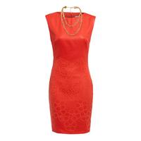 Explosion London Floral Embroidered Pencil Dress in Coral