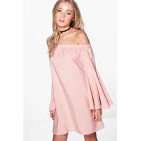 Extreme Flare Sleeve Off Shoulder Dress - dusky pink