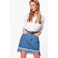 extreme fray step hem denim skirt mid blue