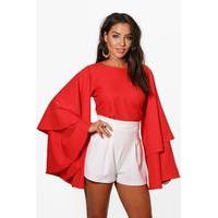 Exaggerated Tiered Sleeve V Back Top - red