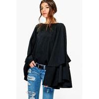 Exaggerated Tiered Sleeve V Back Top - black