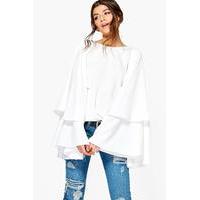 Exaggerated Tiered Sleeve V Back Top - white