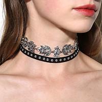Exaggerated Leaves Zircon Rivet Leather Choker Combination Necklace Leaf Crystal Basic Jewelry For Wedding Party Special Occasion Halloween Birthday