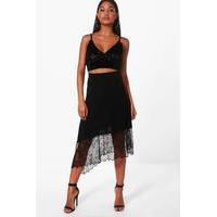 Eyelash Lace Trim Midi Skirt - black