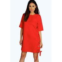 Eyelet Tie Side Shift Dress - red