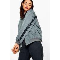 Eyelet Lace Up Back Bomber Jacket - charcoal