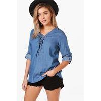 Eyelet Lace Up Denim Top - blue