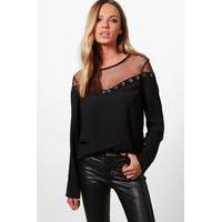 eyelet detail mesh insert blouse black