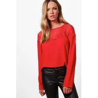 Eyelet Detail Mesh Insert Blouse - red