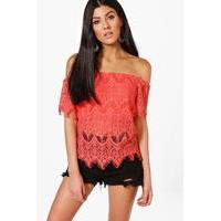 Eyelash Lace Off The Shoulder Top - coral