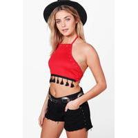 Eyelet Tassle Trim Tie Crop - red