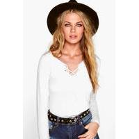 eyelet detail lace up long sleeve top white