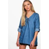 Eyelet Lace Up Denim Top - indigo