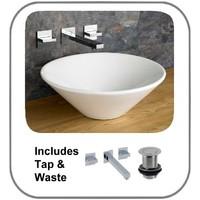 Fano 42.1cm Round Conical Wash Basin With Quadrato Wall Mounted Tap and Waste Set